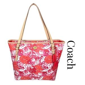 COACH Peyton Floral Zip Top Tote Bag F31242 Bright Coated Canvas Leather Straps